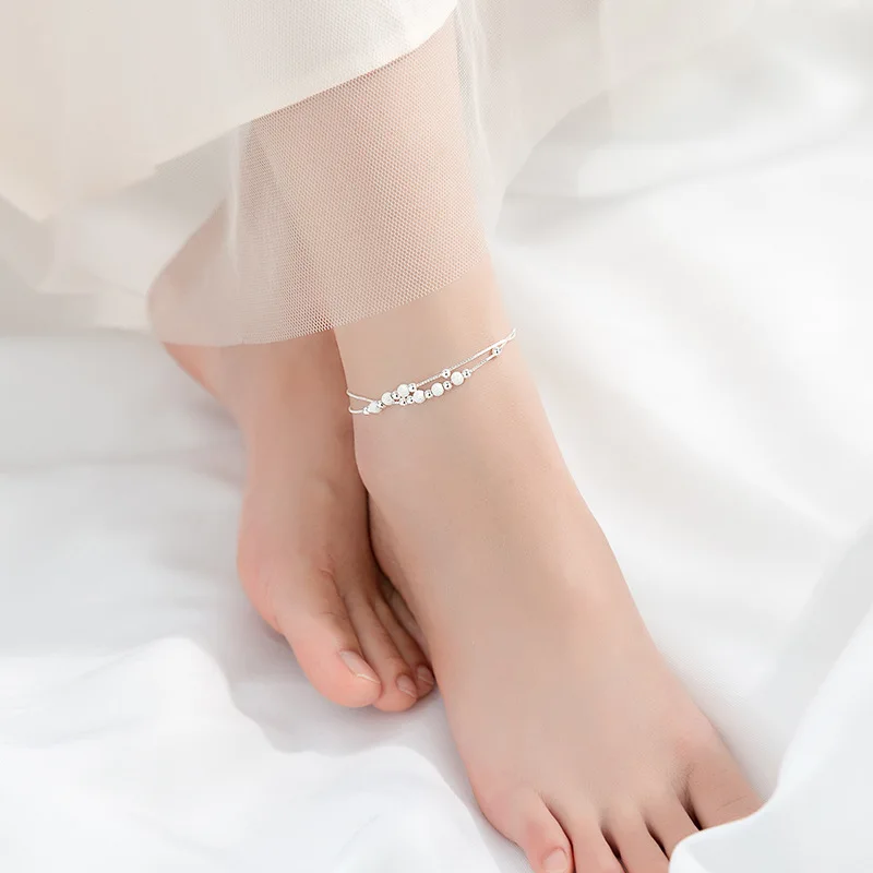 MIQIAO 925 Sterling Silver Beach Leg Accessories Ankle Bracelets For Women Simple Frosted Bead Feminine Double-Layered Footwear