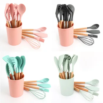 

11Pcs/Set With Storage Bucket Barreled Wooden Handle Silica Gel Kitchenware Not Sticky Spatula Cooking Set Multifunction NEW Hot