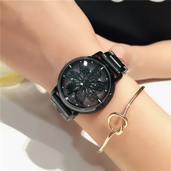 

2020 Popular Rotating Zircon Flower Watch Fashion Delicate Gold Steel Strap Wirst Quartz Watch For Women Gift