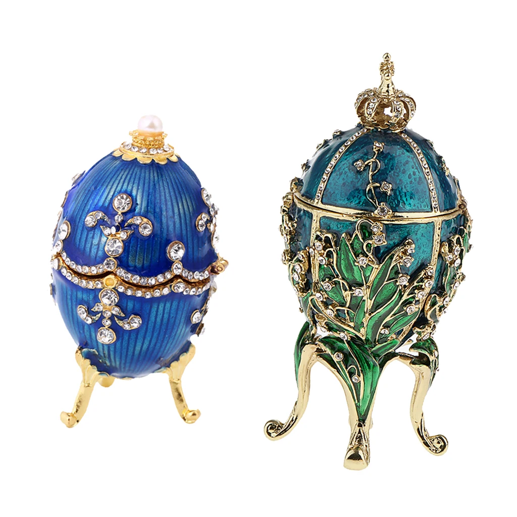 2Pcs Crystal Easter Faberge Egg Jewelry Box Earrings Russian Trinkets Case