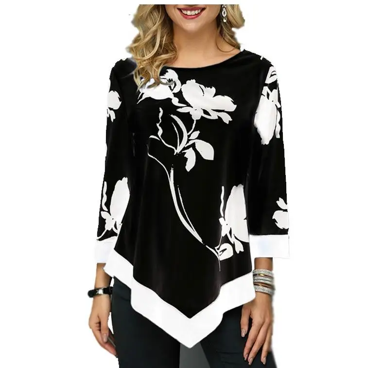Женская рубашка, весна-осень, с принтом, с круглым вырезом, блуза с рукавом 3/4, повседневная, с подолом, неравномерная, Женская модная рубашка, топы размера плюс - Цвет: style3