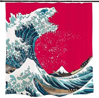 

The Great Wave Painting Artistic Red Shower Curtain Set with Hooks Waterproof Fabric Bath Curtains Bathroom Decor