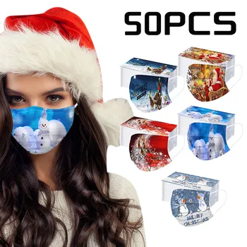 

50pc Christmas Print Masks for Protection Face Mask Disposable Earloop Mask Fast Shipping Health Care Covers Mouths 3Ply Adult