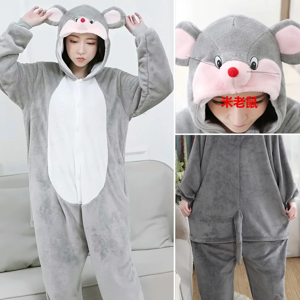 

Unisex Flannel Mouse Onesie Kigurumi Adult Grey Mouse Pajamas Nightgown Cosplay Costume Animal Pyjamas Sleepwear Set