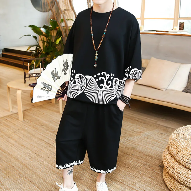 

Summer Loose-Fit Three-quarter-length Sleeve Set Men's Printed Chinese-style Faux Cotton Linen Beach Pants Loose Pants Large Siz