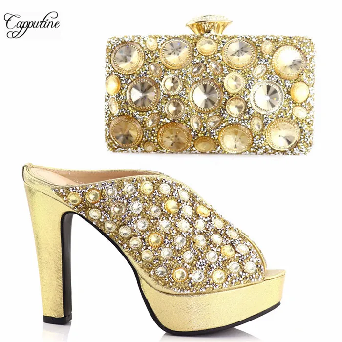 

Latest fashion high heel sandal shoes and bag set with stones for wedding/party S999 in gold. heel height 12.5cm