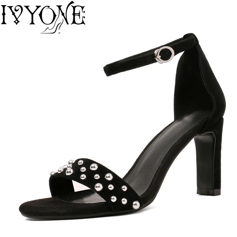

Ladies Sandals Rivet Kid Suede Ankel Strap Buckles Round Toe High Heel High Quality Inner Genuine Leather Party Wedding Shoes