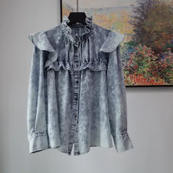 

Women Ruffles Denim Blouse Stand Collar Long Sleeve New Fashion Spring Summer Single Breasted Shirt