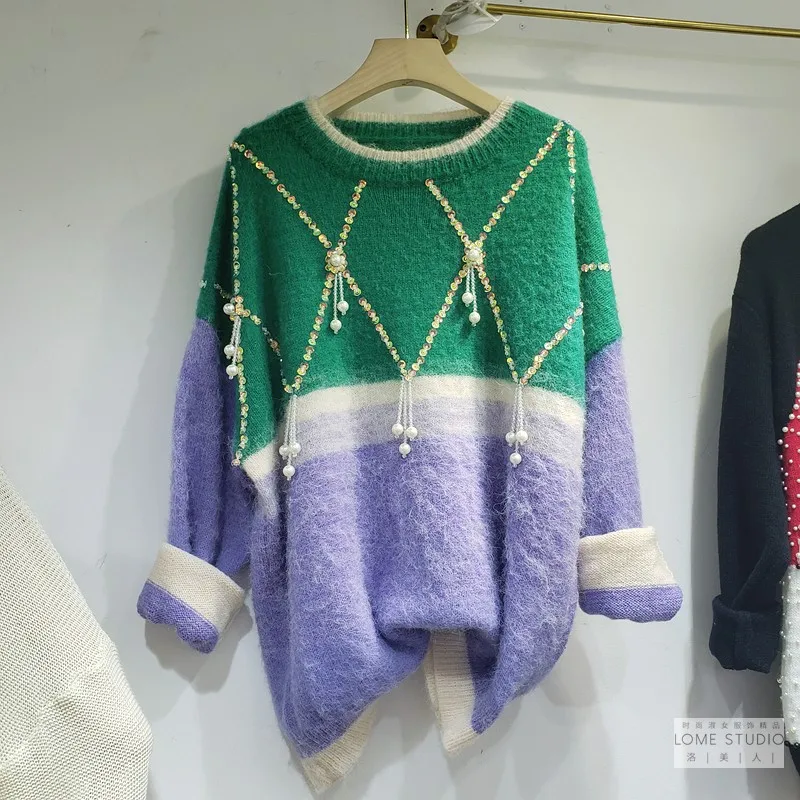

Women's Sweater New Fashion Women's Round Neck Pullover Heavy Industry Beaded Loose Gradient Sweaters Pullover Loose Sweater Top