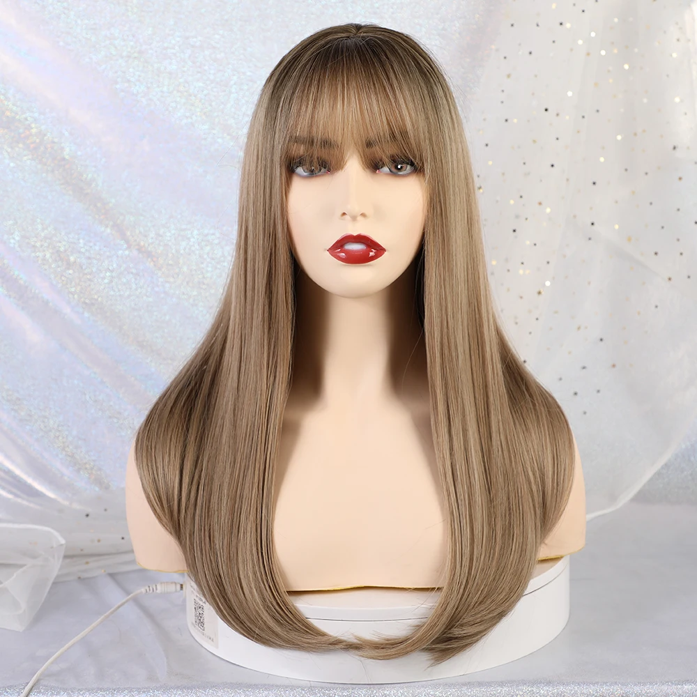Long Straight Brown Wigs With Bangs Natural Synthetic Wigs for Women African American Cosplay Wigs Heat Resistant Fiber - Цвет: LC167-6