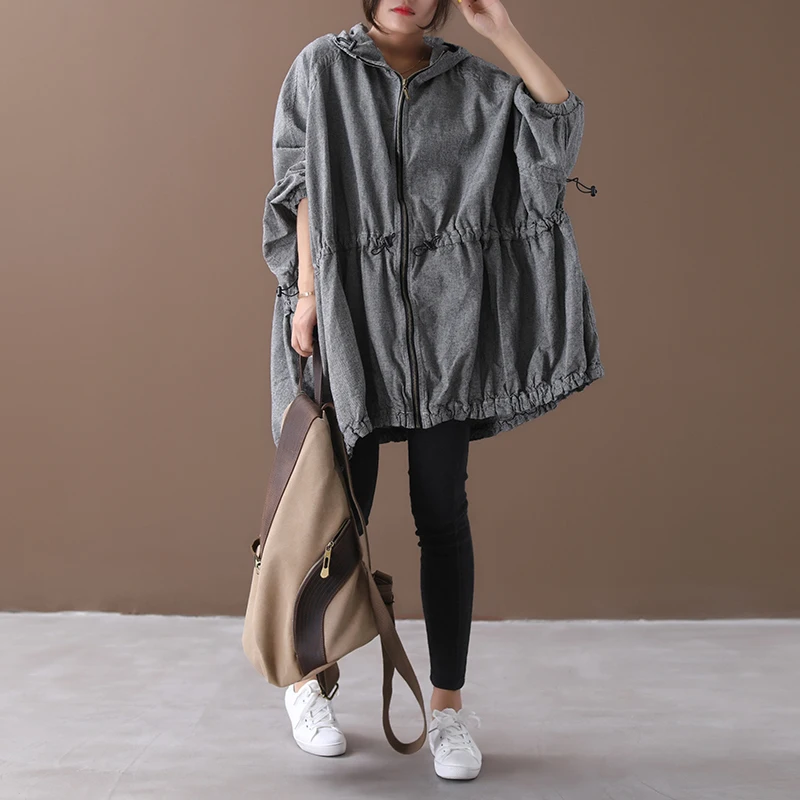 [EWQ] Autumn New Pattern Office Lady Style A-line Loose Full Sleeve Solid Color Zipper Hooded Collar Windbreak Coat AF890