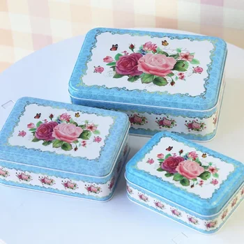

3 pcs/set Squate Flower Tin Box Large Cookie Candy Box Storage Tinplate Box Drawer Organizer Wedding Gift Box