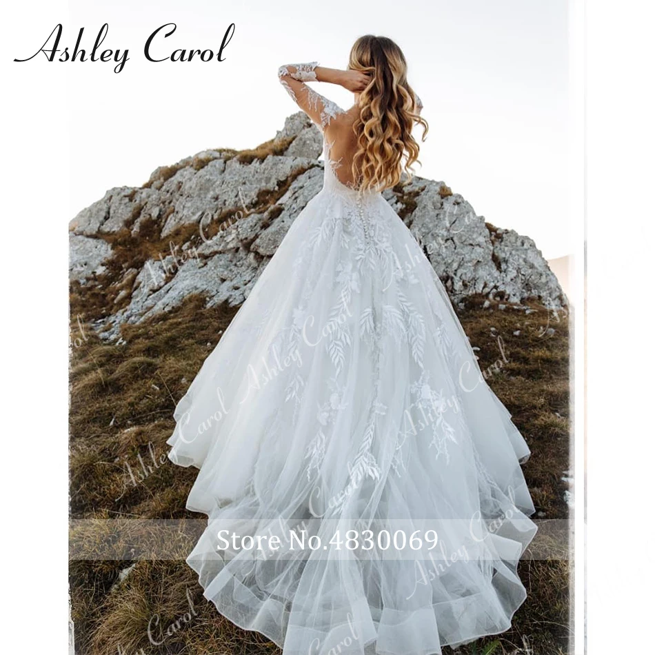 Wedding Dresses for Women Ashley Carol Appliques Tulle Backless Long Sleeve Boho