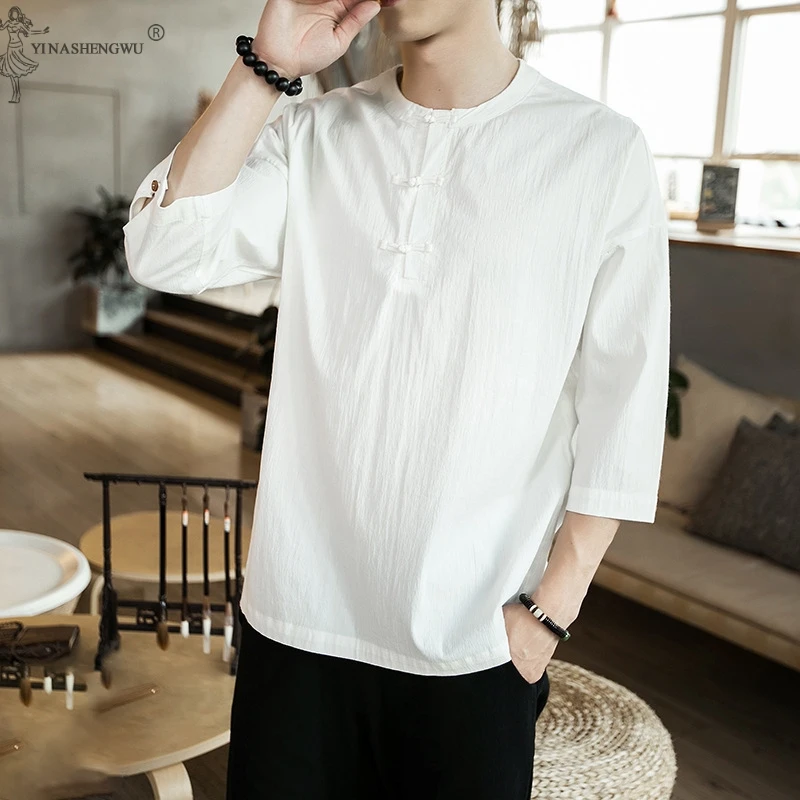 

Kimono Japanese Men Disc Button Three-Quarter Sleeve Shirt Clothes Japan Harajuku Yukata Haori Cardigan loose top Costumes
