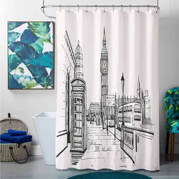 

Shower Curtains Black African Modern,London City with Big Ben Monument Scene in Sketch Style British Famous Town Artwork,Beige