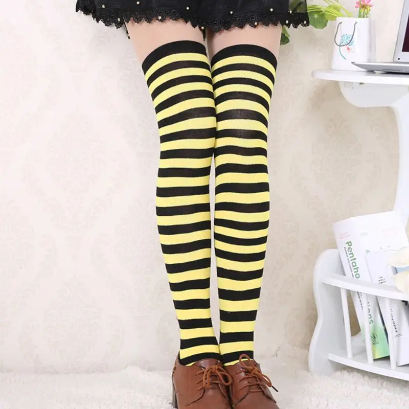 Для женщин девочек трикотажные Косплей Длинные полосы контрастных цветов выше колена бедра высокие чулки нарядное платье костюм на Хэллоуин