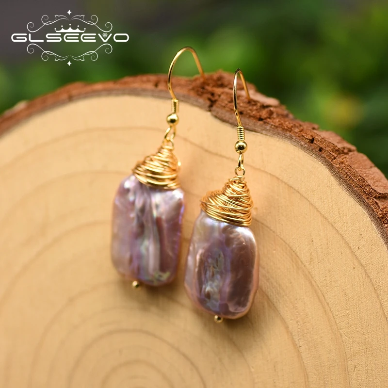 

GLSEEVO Natural Purple Square Baroque Pearl Dangle Earrings For Women Party Handmade Drop Earring Fine Jewelry Oorbellen GE0902B