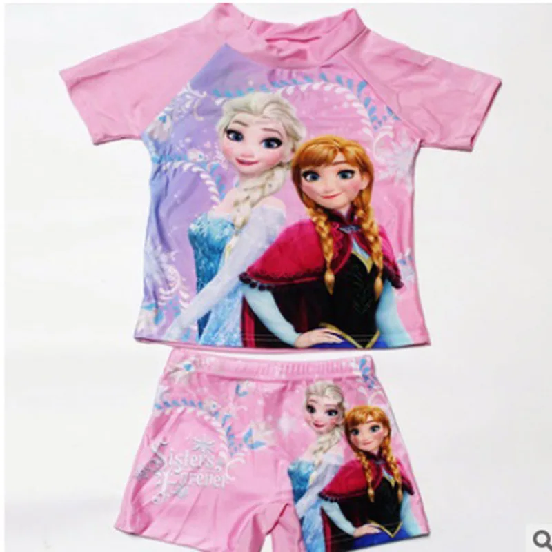 Kids Teen Boys Girls Swimwear 2pcs Swim Suit( T Shirt+ Trunk) Beach Swimsuits Bathing Suit Princess Elsa Anna Mermaid XRDZ09