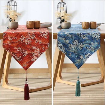

Vintage Table Runner Japan Zephyr Style Sea Waves Tassel Tablecloth Brown Flowers Cotton Linen Coffee Table TV Cover Cloth