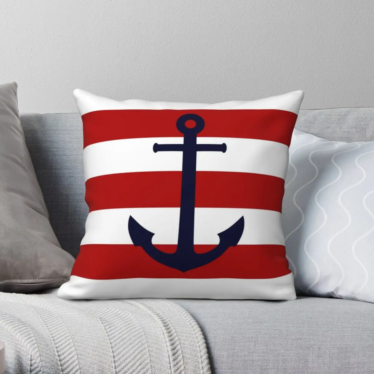 

Nautical Navy Blue Anchor On Red Stripes Pillowcase Polyester Linen Velvet Zip Decor Throw Pillow Case Bed Cushion Cover 45x45