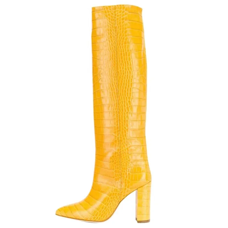 MORAZORA/Новое поступление года; женские сапоги до колена; сапоги на высоком каблуке; осенне-зимние женские сапоги из искусственной кожи с каменным лицевым покрытием; женская обувь - Цвет: Цвет: желтый