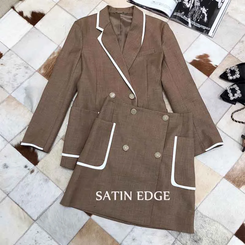 satin edge set Cosmicchic/ осенне-зимний Блейзер, костюмы, Женская куртка с бантом сзади, двубортная короткая юбка, офисный костюм, женский комплект из 2 предметов - Цвет: satin edge set