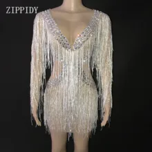 Блестящие серебряные Стразы Белое Сетчатое платье с бахромой прозрачный танцевальный наряд для женщин день рождения, празднование наряд с кисточками платье