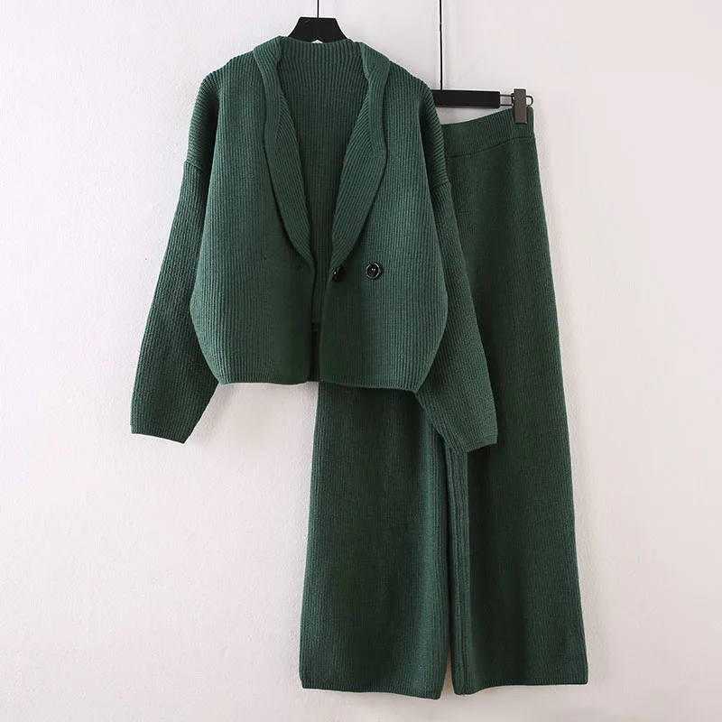 

Autumn Sweater Suit Wide-legged Pants Cardigan 3 Piece Set of Women's Loose Korean Lazy Style Knit Pants Set Women Suit Mom