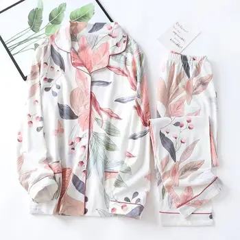 

Set Brief Fashion Long Sleeve Home Clothes Female Sleepwear2020 Spring Leaves Printed Women's Pajama Cotton Plus Size Two-piec