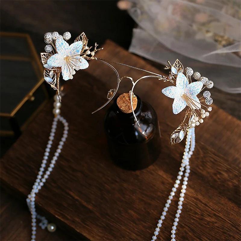 Zilead Women Crystal Double Beam Glasses Frame Metal Half Frame Bride Flower Eyeglasses With Pearl Chain Photo Props Decoration