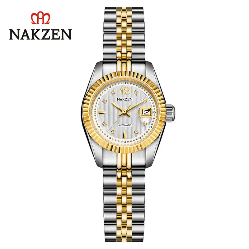 Gold Silver L NAKZEN Для женщин Для мужчин автоматические механические часы Пара часы япония двигаться Для мужчин t Нержавеющая сталь наручные часы для влюбленных - Цвет: Gold Silver L