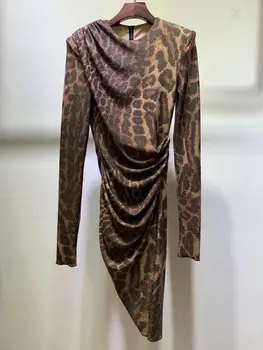

Runway Fashion Women Dress 2020 High Quality Winter Sexy Dress Leopard Print Long Sleeves High Waist Mini Party Dress