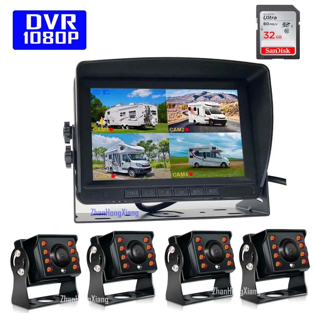 

4x HD 1080P 8LED IR 4Pin запасная камера заднего вида 360 Dash комплект + 7 "IPS Quad Split автомобильная система заднего вида SD DVR монитор