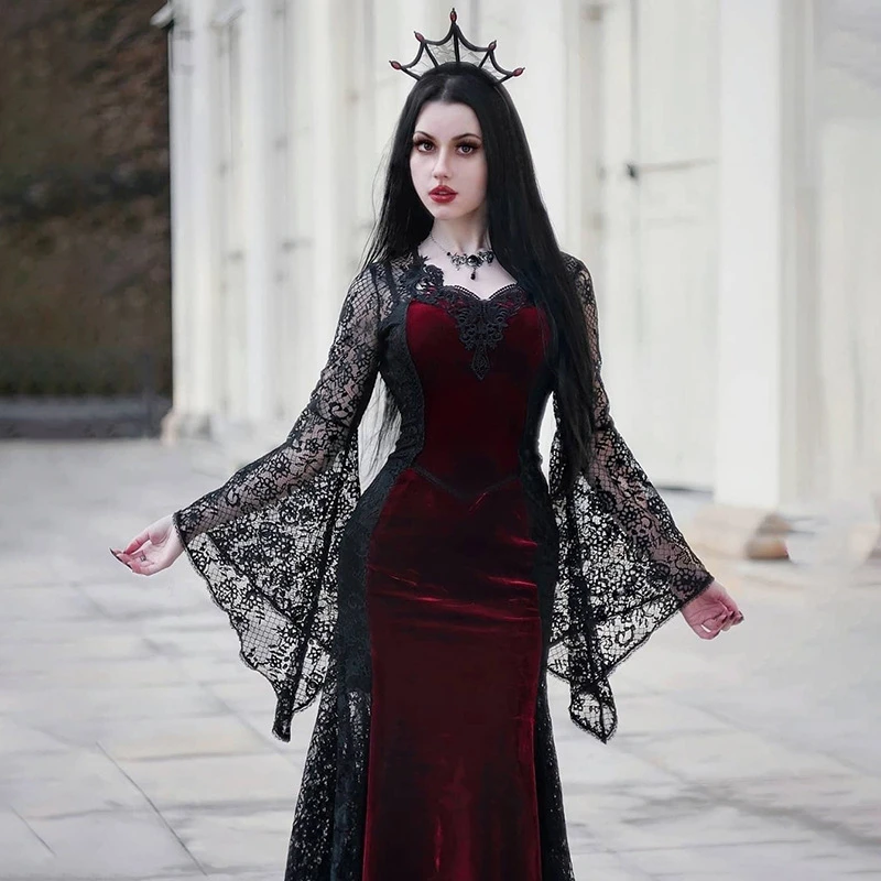 Vestido gótico rojo de cuero para mujer, disfraz de Morticia Addams para  adultos, traje de vampiro para Halloween, bruja pagana, demonio y  Diablo|Vestidos| - AliExpress
