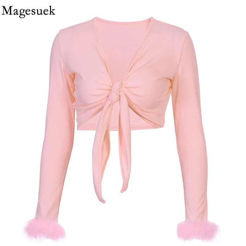 

Fashion Bowknot Newh Stitching Pink Blouse Women Tops Women Sexy Long Sleeve Crop Top Streetwear T-Shirt Spring Shirts 18207