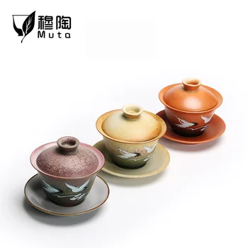

Jingdezhen Vintage Tea Bowl Handmade Kiln Change Tea Tureen Ceramic Master Cup Drinkware Kung Fu Gaiwan Teapot Crafts Gift