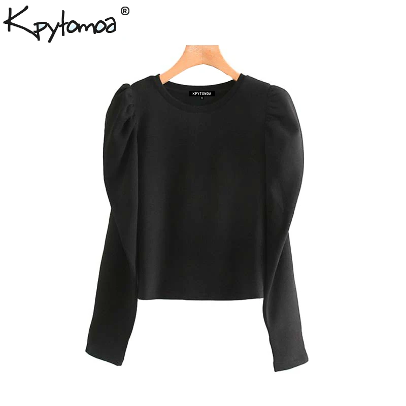  Vintage Stylish Basic Cropped Sweatshirt Women 2020 Fashion O Neck Puff Sleeve Short Style Office W