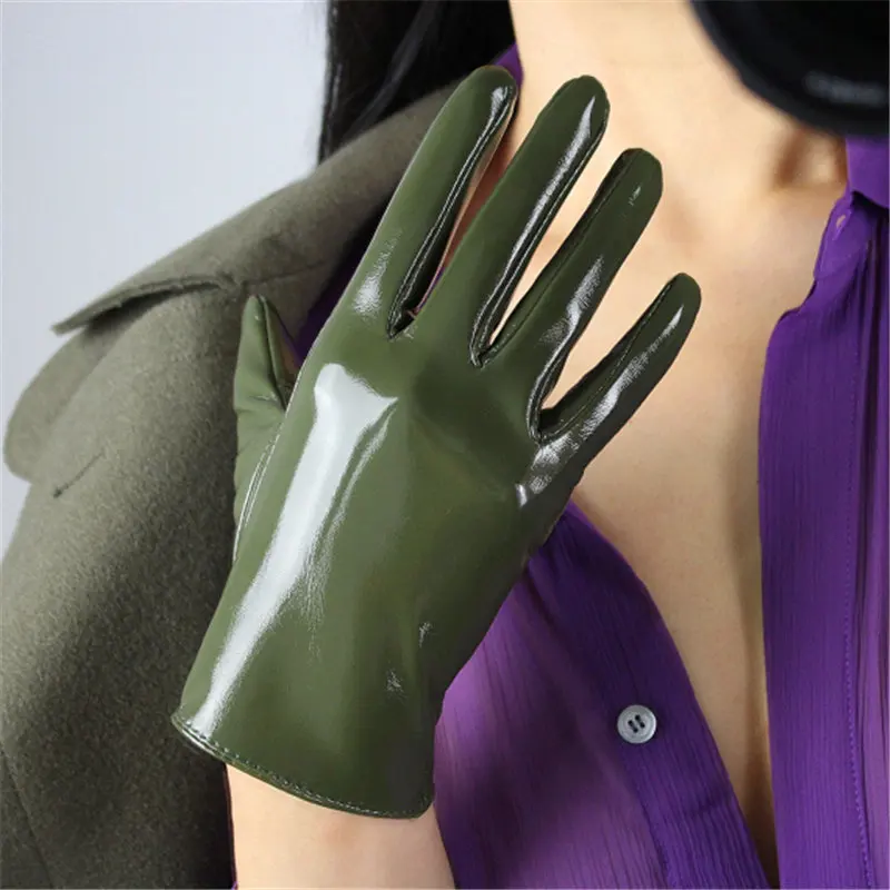 patent leather green 21 см, лакированные кожаные перчатки, Короткая секция, имитирующая кожу, шлифованная замша, серебристые, серые, матовые, белые женские перчатки, PU112 - Цвет: patent leather green