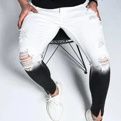 Pantalones vaqueros rasgados elásticos para hombre, Jeans ajustados, ropa de calle, color blanco degradado y negro, a la moda