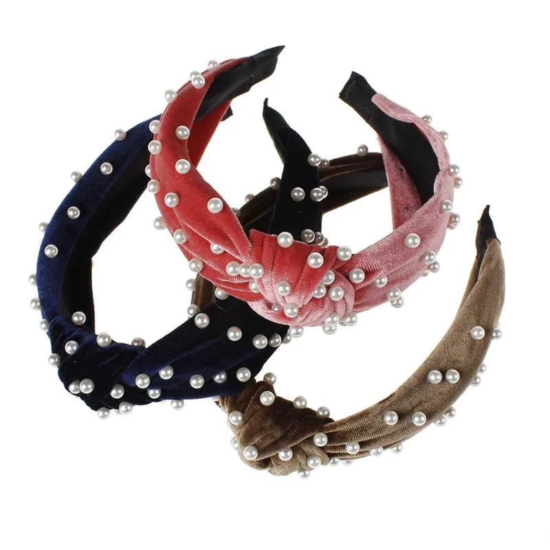 Flannel pearl headband women hair accessories 8 color sale scrunchie female opaska hair bands for women