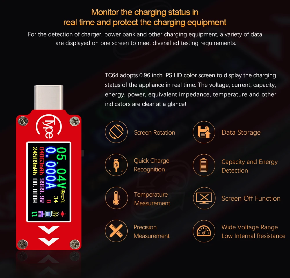 TC64 тип-c цветной ЖК-дисплей USB Вольтметр Амперметр Напряжение измеритель тока мультиметр батарея PD зарядка USB Тестер