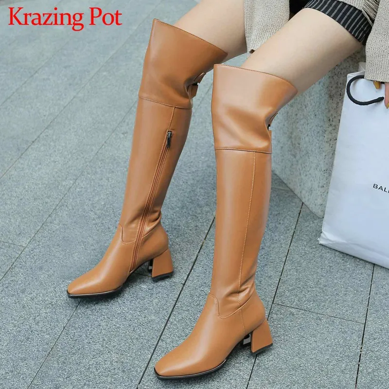 

Krazing Pot big size cow leather boots side zip square toe high heels mature women solid buckle winter warm knee high boots L4f7
