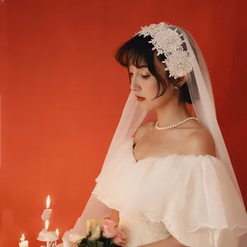 

Vintage Hat French Veil Trip Shoot All-match Simple Lace Flower Pearl Soft Yarn