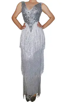

Sparkly Crystals Tassel Long Dress Evening Party Rhinestones Dresses Birthday Celebrate Costume Fringes Dress