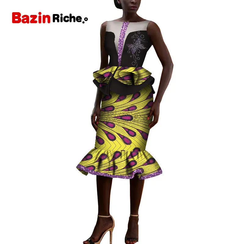 Африканская Дашики, одежда, элегантная женская юбка, комплект femme Bazin Riche, хлопок, плюс размер, два предмета, горячая буровая отделка, wy5403