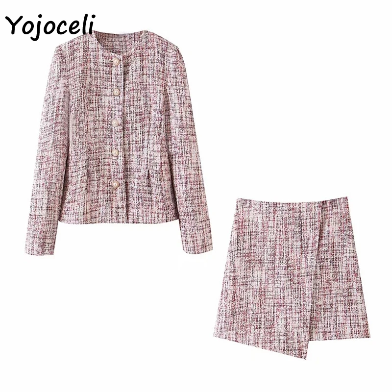 Yojoceli красочные твидовые клетчатые наряды женские уличные комплекты из двух предметов Женский блейзер в клетку на кнопке