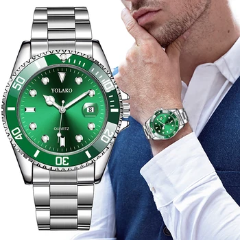 

High-Quality Men's Quartz Watches Top Brand Green Calendar Quartz Wrist Watch For Male Waterproof Luxury Steel Clock reloj hombr