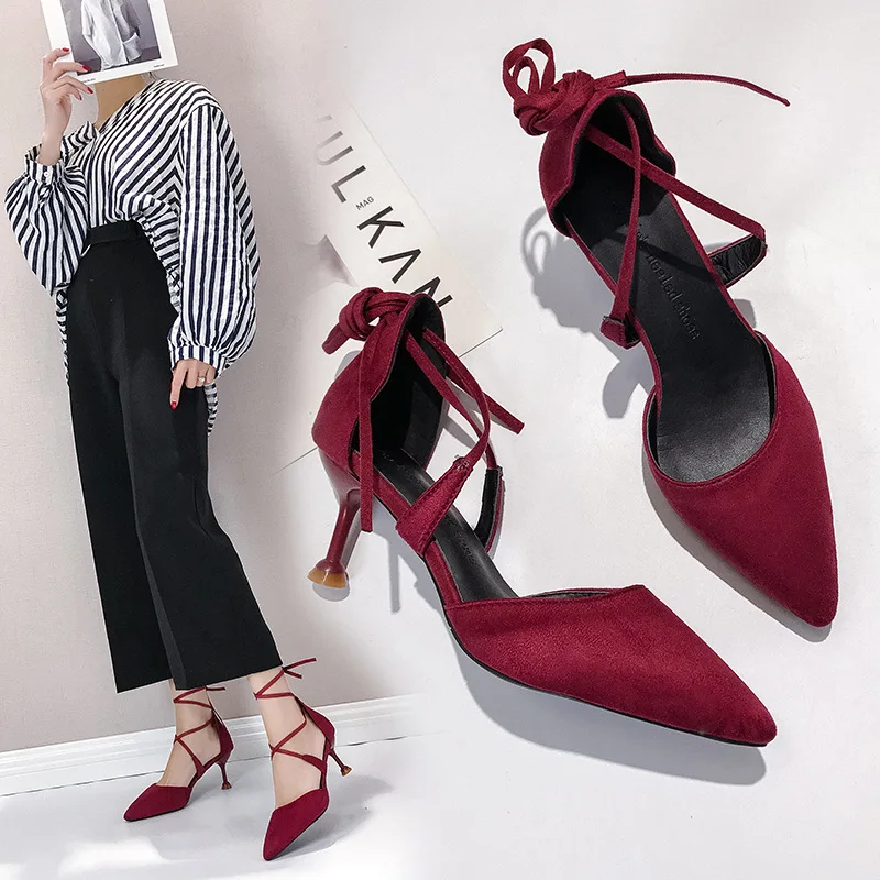 

High Heel Shoes Women's 2020 New Style Korean-style Pointed-Toe Cat with Sexy WOMEN'S Shoes Fashion Bandage Cloth Hundred Wear W