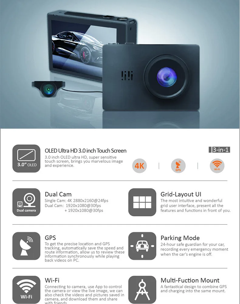 Maiyue star 4K Ultra HD2160P+ 1080P Автомобильный видеорегистратор 3,0 дюймов OLED сенсорный экран gps Wi-Fi ночное видение двойная камера для вождения