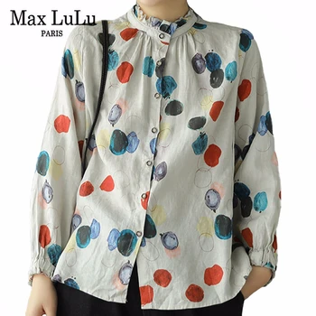 

Max LuLu 2020 New Spring Korean Fashion Style Womens Vintage Tops Ladies Casual Dot Printed Shirts Loose Linen Blouses Plus Size